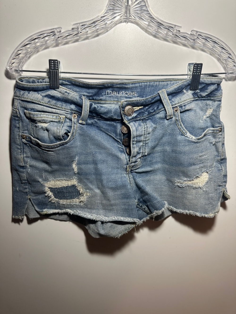 maurices Faded Light Blue Distressed Denim Shorts